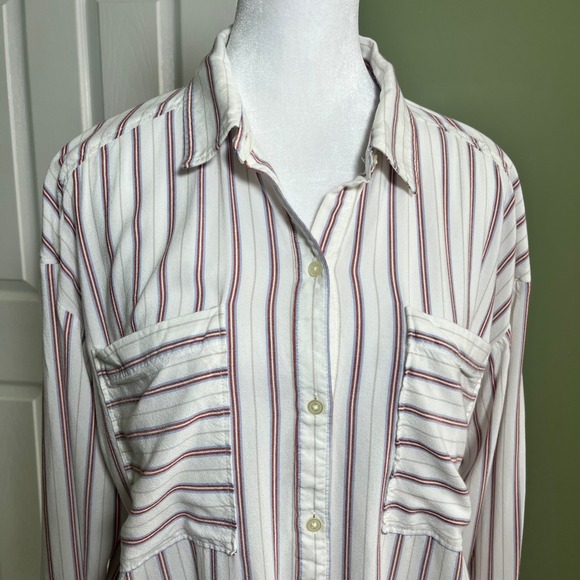 LOFT Women's Striped Button Down Shirt Long‎ Sleeve Top Cotton Casual Red White - Picture 3 of 7